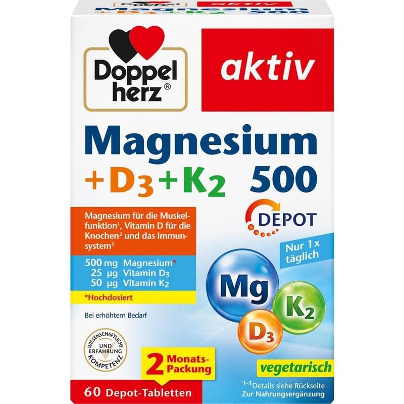 DOPPELHERZ Magnesium 500+D3+K2 Depot Tabletten